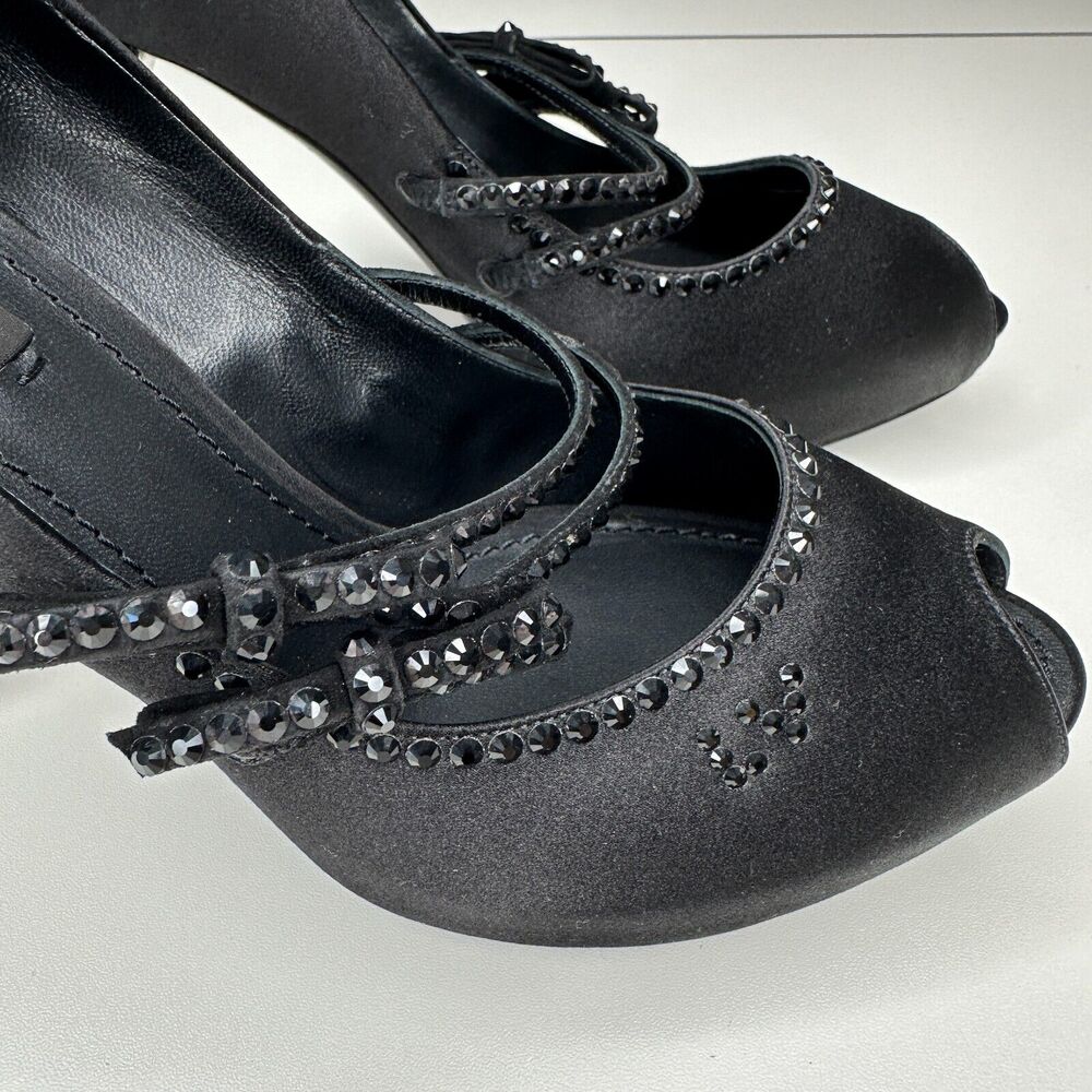 Louis Vuitton Vintage Black Satin Open Toe Crystal Strap Embellished Pumps 37.5 - Picture 10 of 13